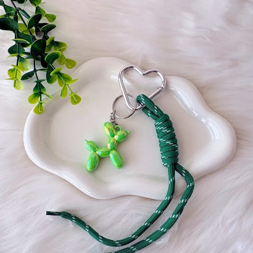 Green Iridescent Balloon Dog Keychain/ Bag Charm with Braided Lanyard
